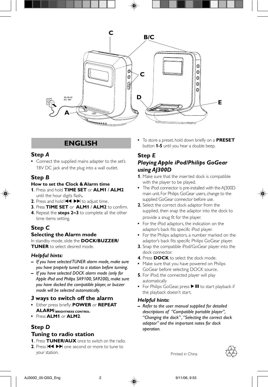 Page 2 of 2 - Philips AJ300DB/05 AJ300D_05-QSG_Eng User Manual Quick Start Guide Aj300db 05 Qsg Eng