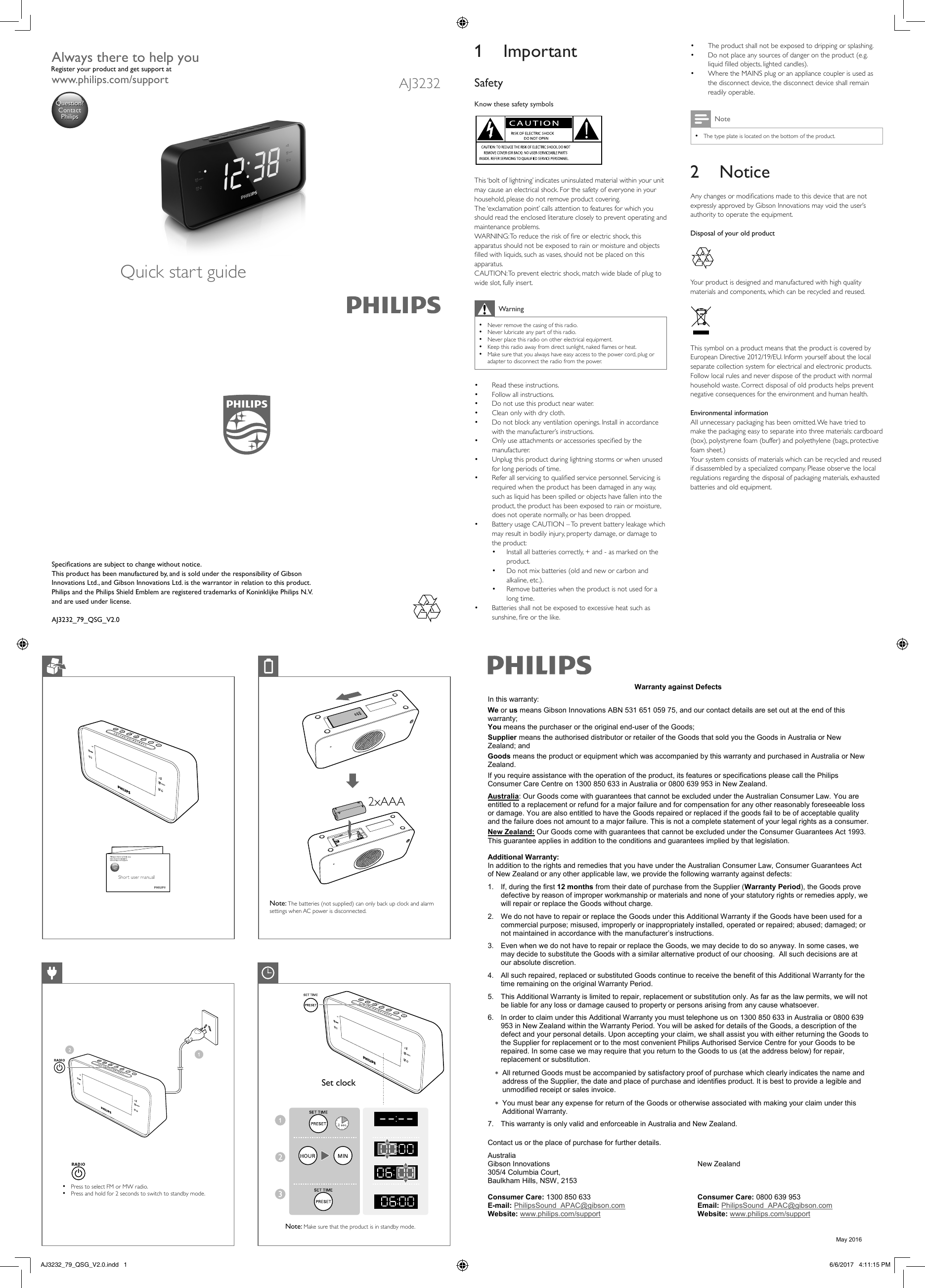 Page 1 of 2 - Philips AJ3232B/79 User Manual Quick Start Guide Aj3232b 79 Qsg Aen