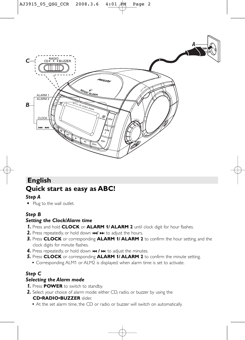 Page 2 of 4 - Philips AJ3915/05 AJ3915_05_QSG_CCR User Manual 快速入門指南 Aj3915 05 Qsg Eng