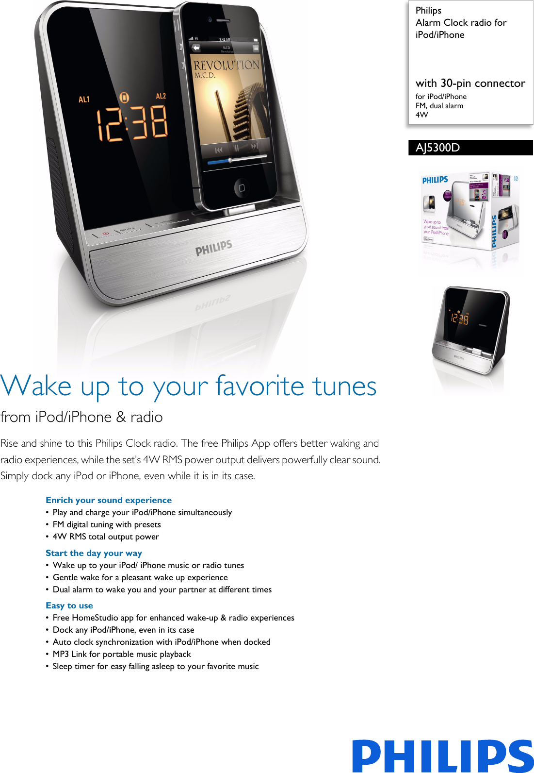 Page 1 of 3 - Philips AJ5300D/37 Alarm Clock Radio For IPod/iPhone User Manual Leaflet Aj5300d 37 Pss Aenca