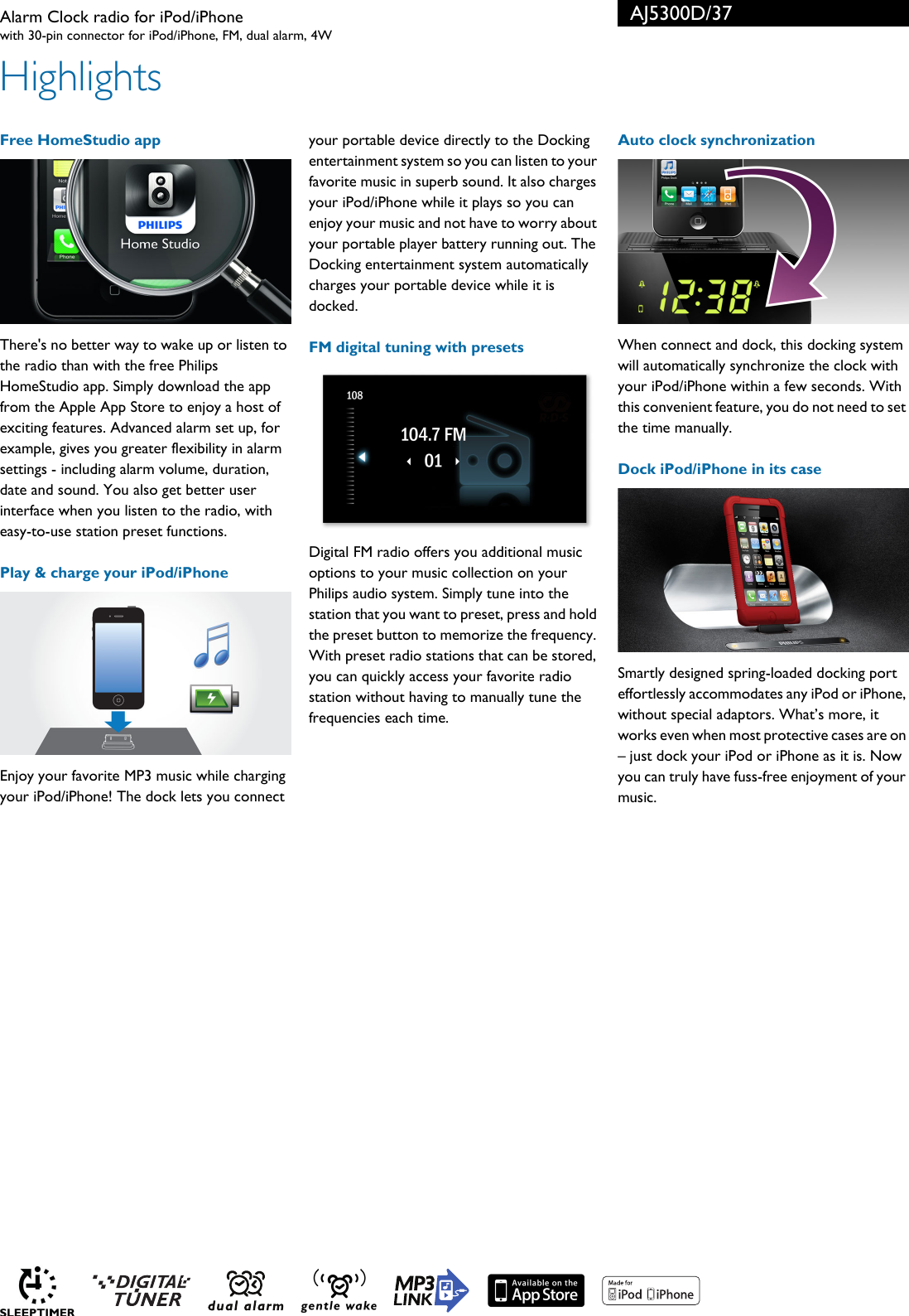 Page 2 of 3 - Philips AJ5300D/37 Alarm Clock Radio For IPod/iPhone User Manual Leaflet Aj5300d 37 Pss Aenca