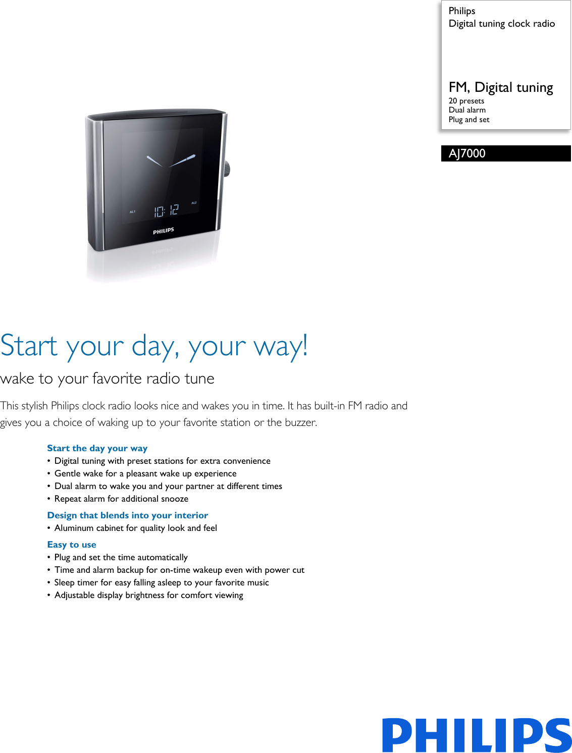 Page 1 of 2 - Philips AJ7000/37 Digital Tuning Clock Radio User Manual Leaflet Aj7000 37 Pss Aenus