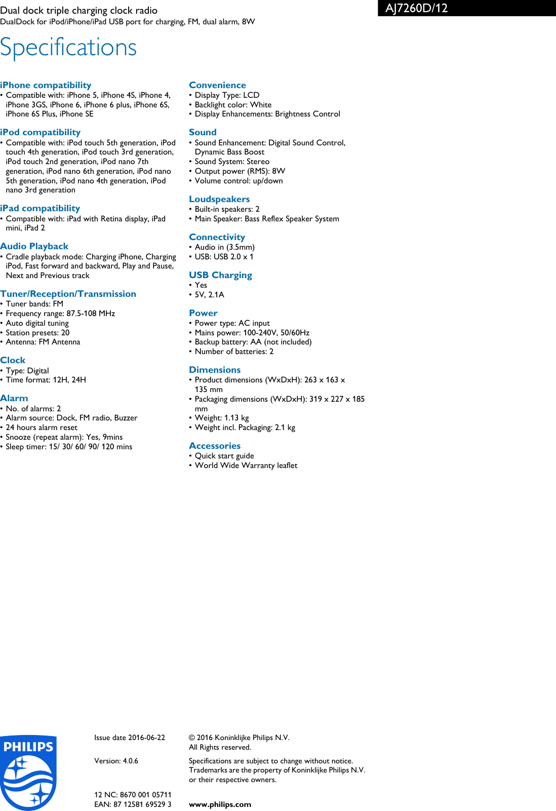 Page 3 of 3 - Philips AJ7260D/12 Dual Dock Triple Charging Clock Radio User Manual Leaflet Aj7260d 12 Pss Engza