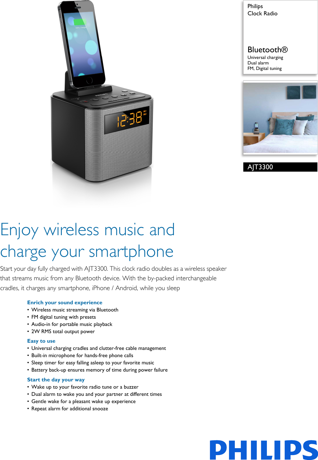 Page 1 of 3 - Philips AJT3300/12 Clock Radio User Manual Leaflet Ajt3300 12 Pss Aenhk