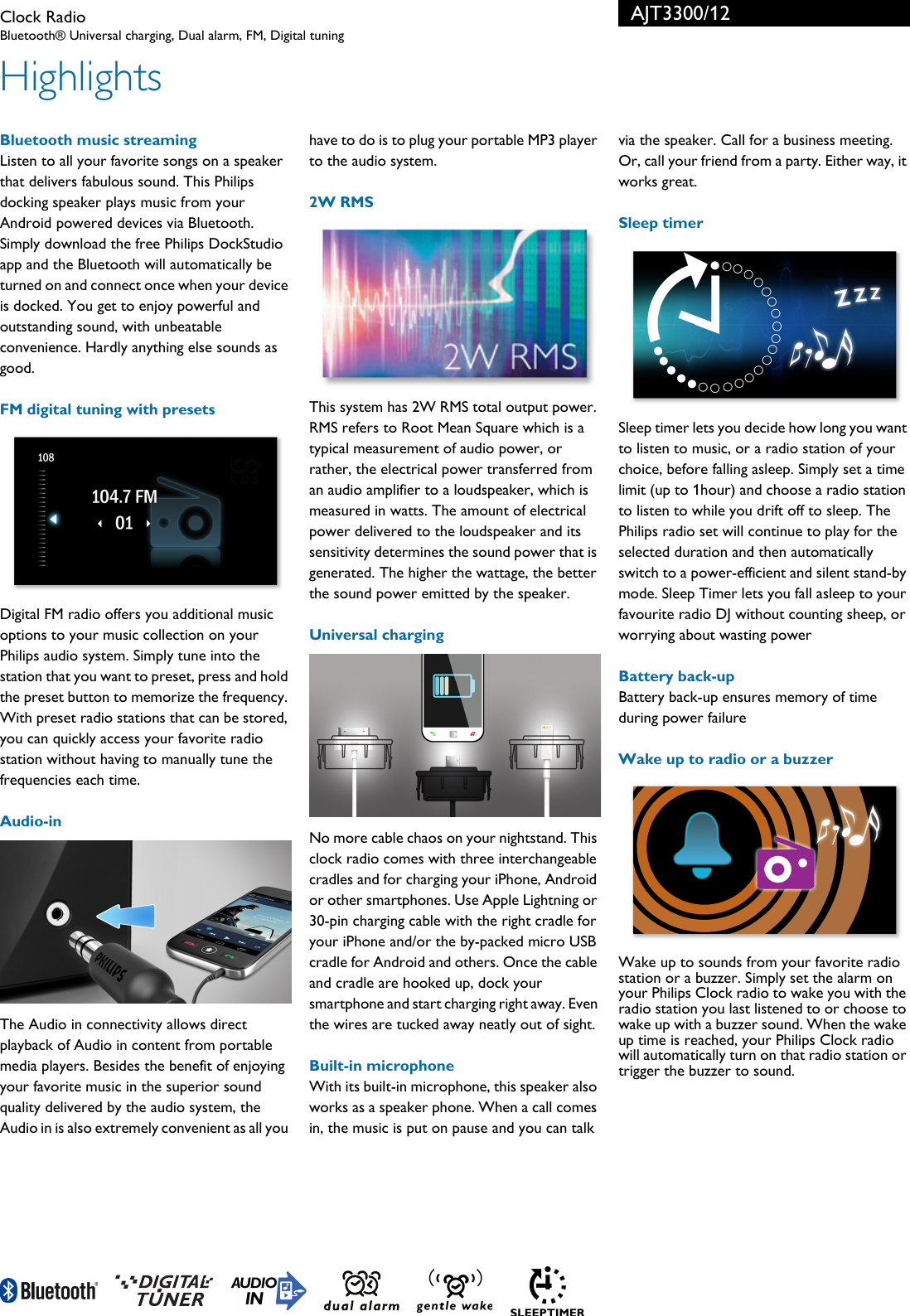 Page 2 of 3 - Philips AJT3300/12 Clock Radio User Manual Leaflet Ajt3300 12 Pss Aenhk