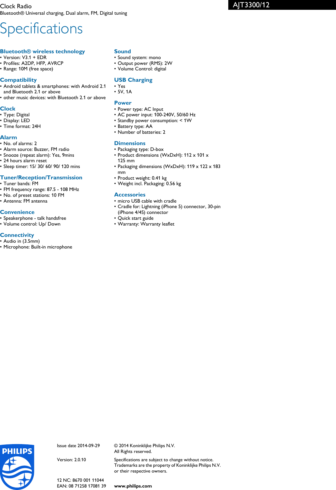 Page 3 of 3 - Philips AJT3300/12 Clock Radio User Manual Leaflet Ajt3300 12 Pss Aenhk