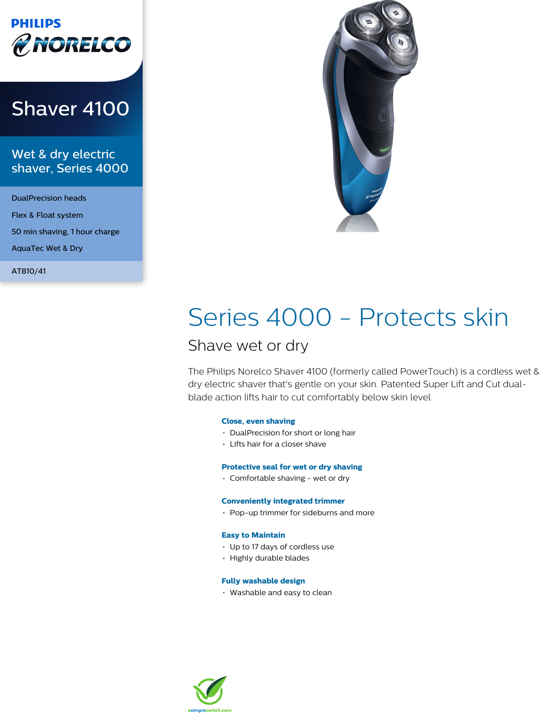 Page 1 of 3 - Philips AT810/41 Wet & Dry Electric Shaver, Series 4000 With Aquatec - Or Shaving And Pop-up Trimmer User Manual Leaflet At810 41 Pss Aenus