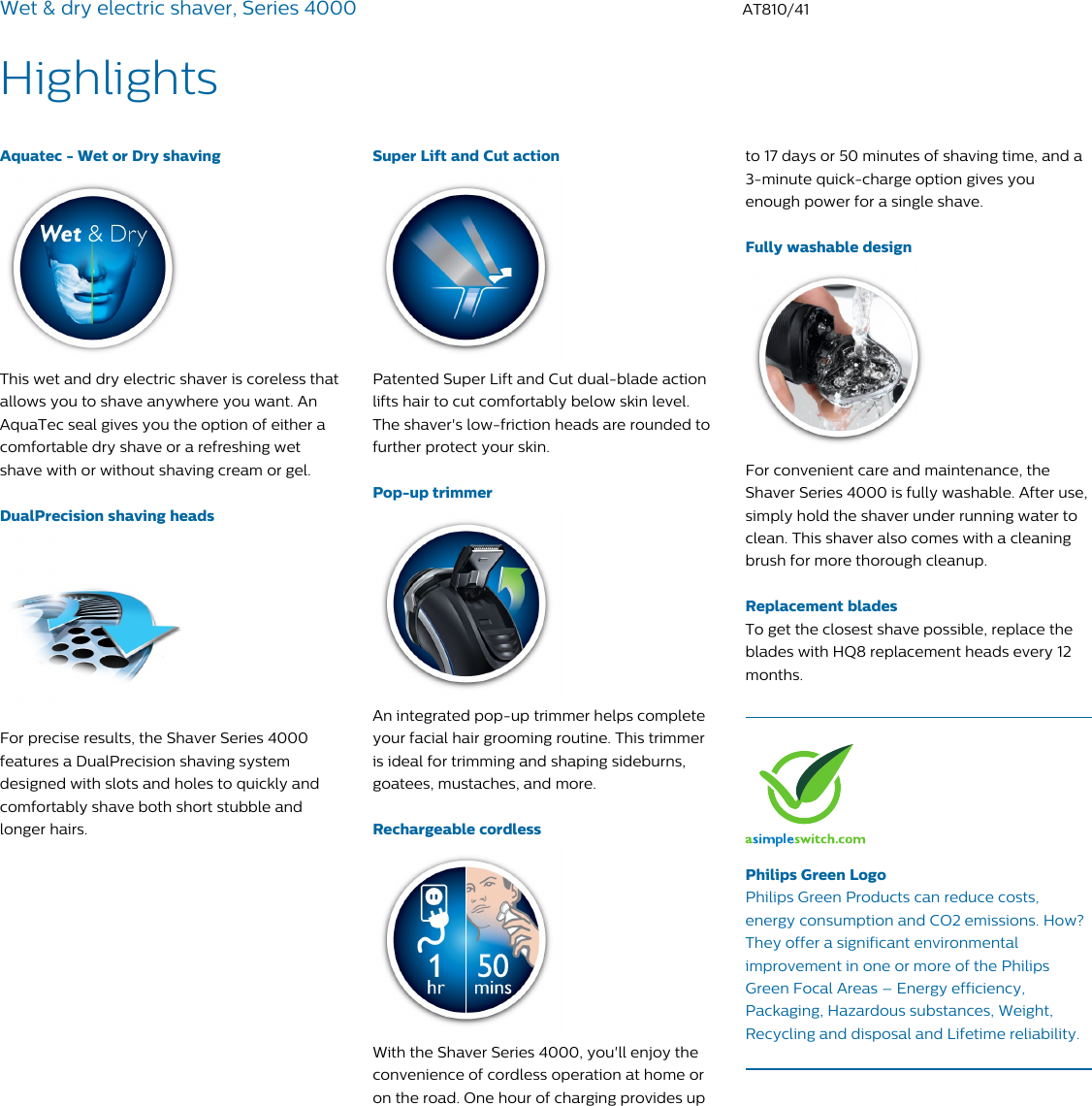 Page 2 of 3 - Philips AT810/41 Wet & Dry Electric Shaver, Series 4000 With Aquatec - Or Shaving And Pop-up Trimmer User Manual Leaflet At810 41 Pss Aenus