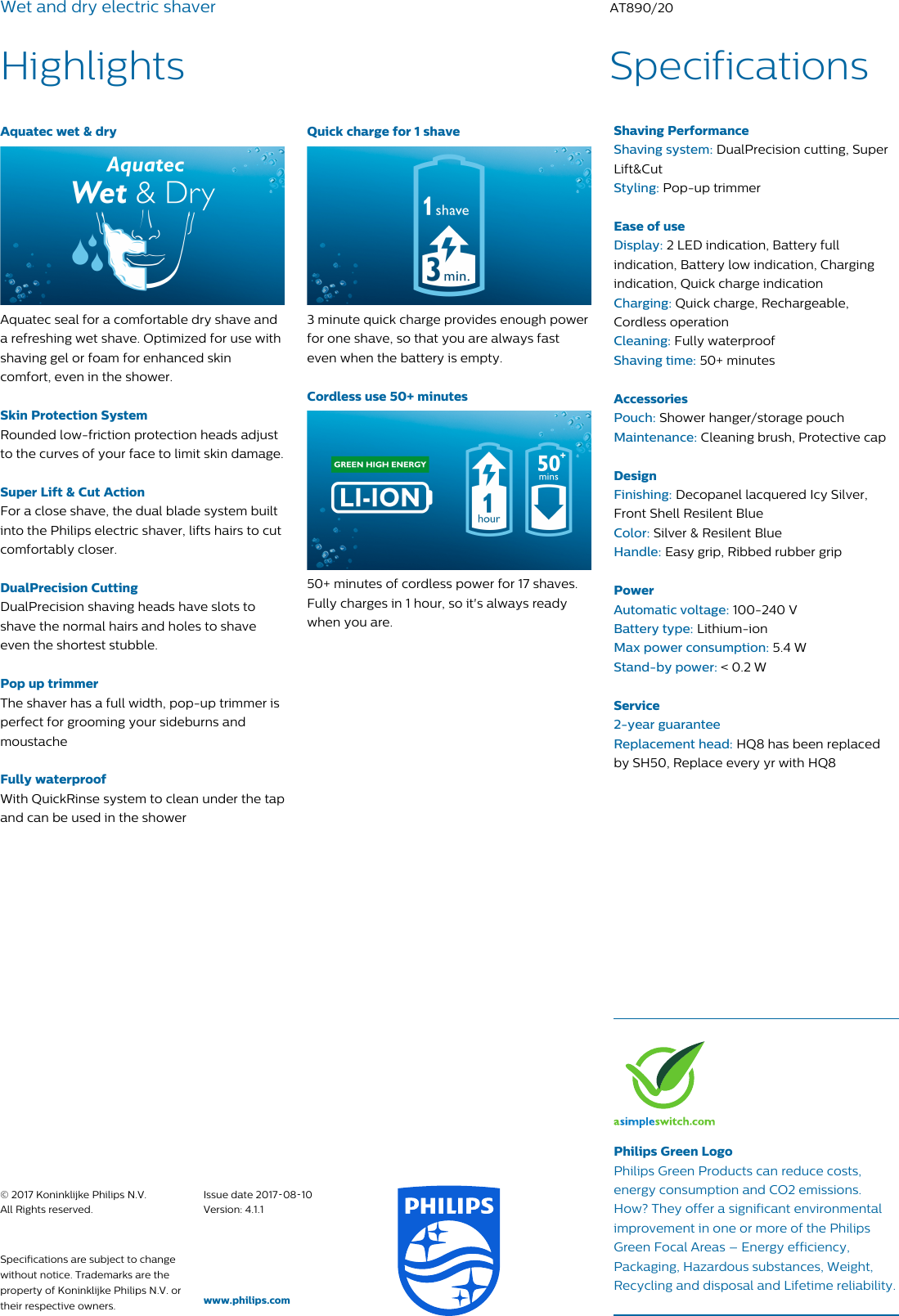 Page 2 of 2 - Philips AT890/20 Wet And Dry Electric Shaver With Pop Up Trimmer Aquatec & User Manual Leaflet At890 20 Pss