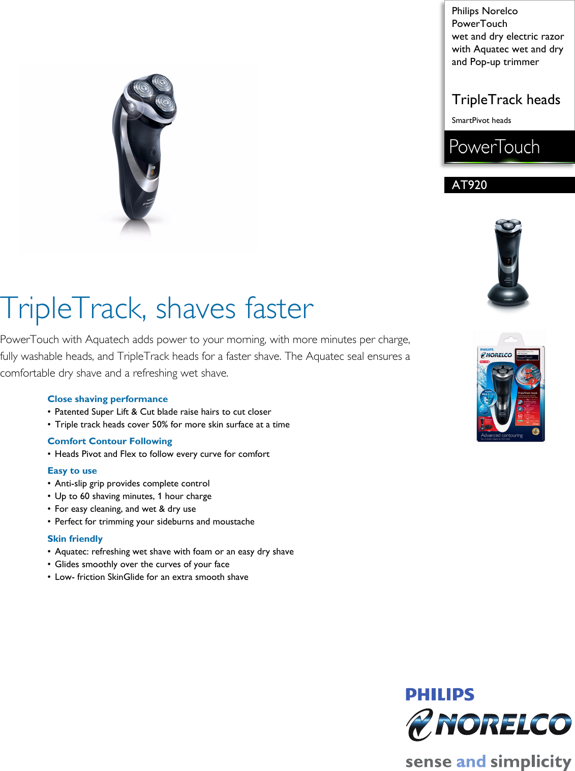 Page 1 of 3 - Philips AT920/41 Wet And Dry Electric Razor With Aquatec Pop-up Trimmer User Manual Leaflet At920 41 Pss Aenca