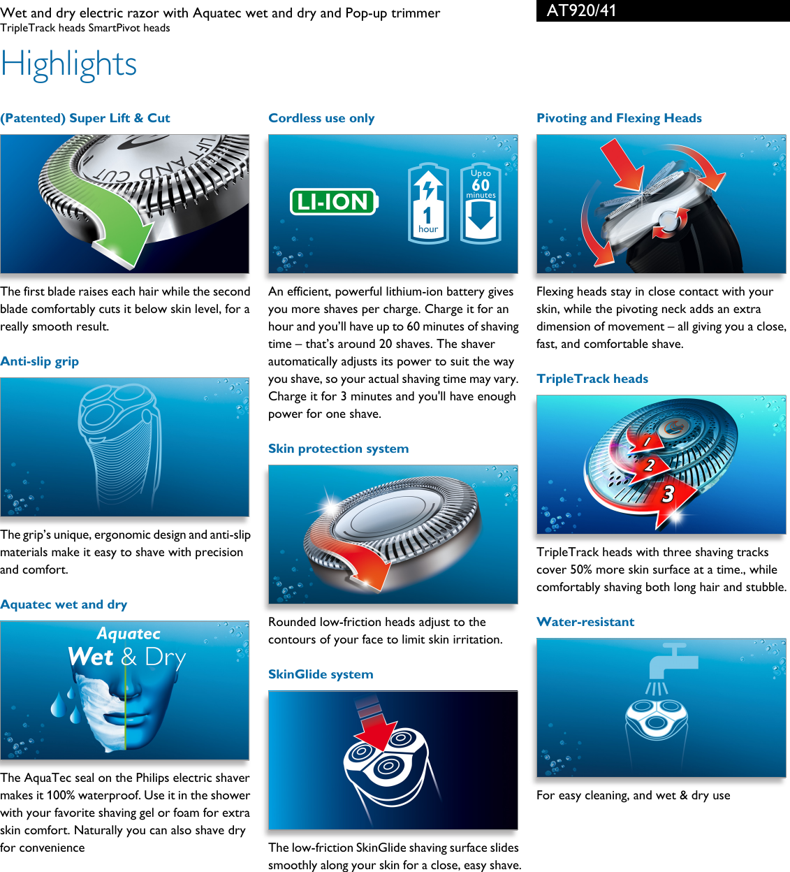 Page 2 of 3 - Philips AT920/41 Wet And Dry Electric Razor With Aquatec Pop-up Trimmer User Manual Leaflet At920 41 Pss Aenca