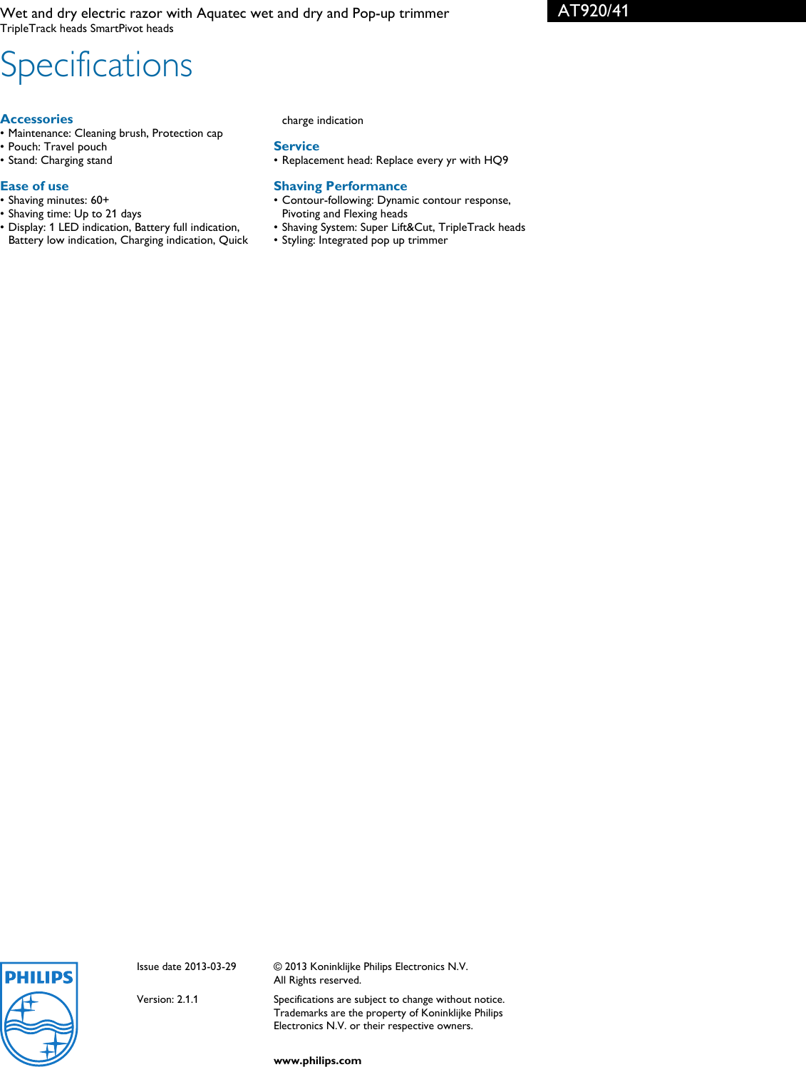 Page 3 of 3 - Philips AT920/41 Wet And Dry Electric Razor With Aquatec Pop-up Trimmer User Manual Leaflet At920 41 Pss Aenca