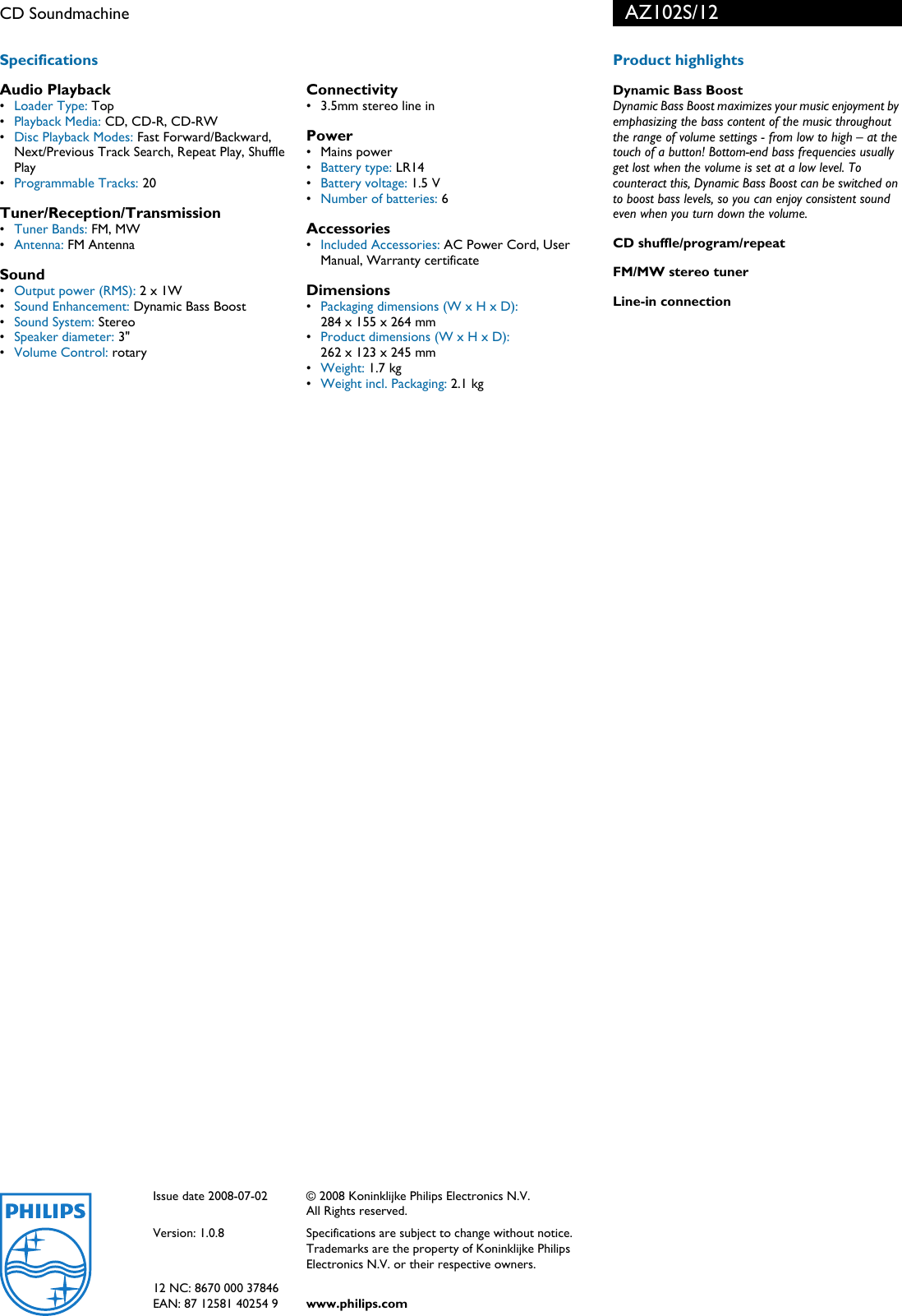 Page 2 of 2 - Philips AZ102S AZ102S/12 CD Soundmachine User Manual To The C700374c-b773-c494-051b-4dbcdd26b9e2