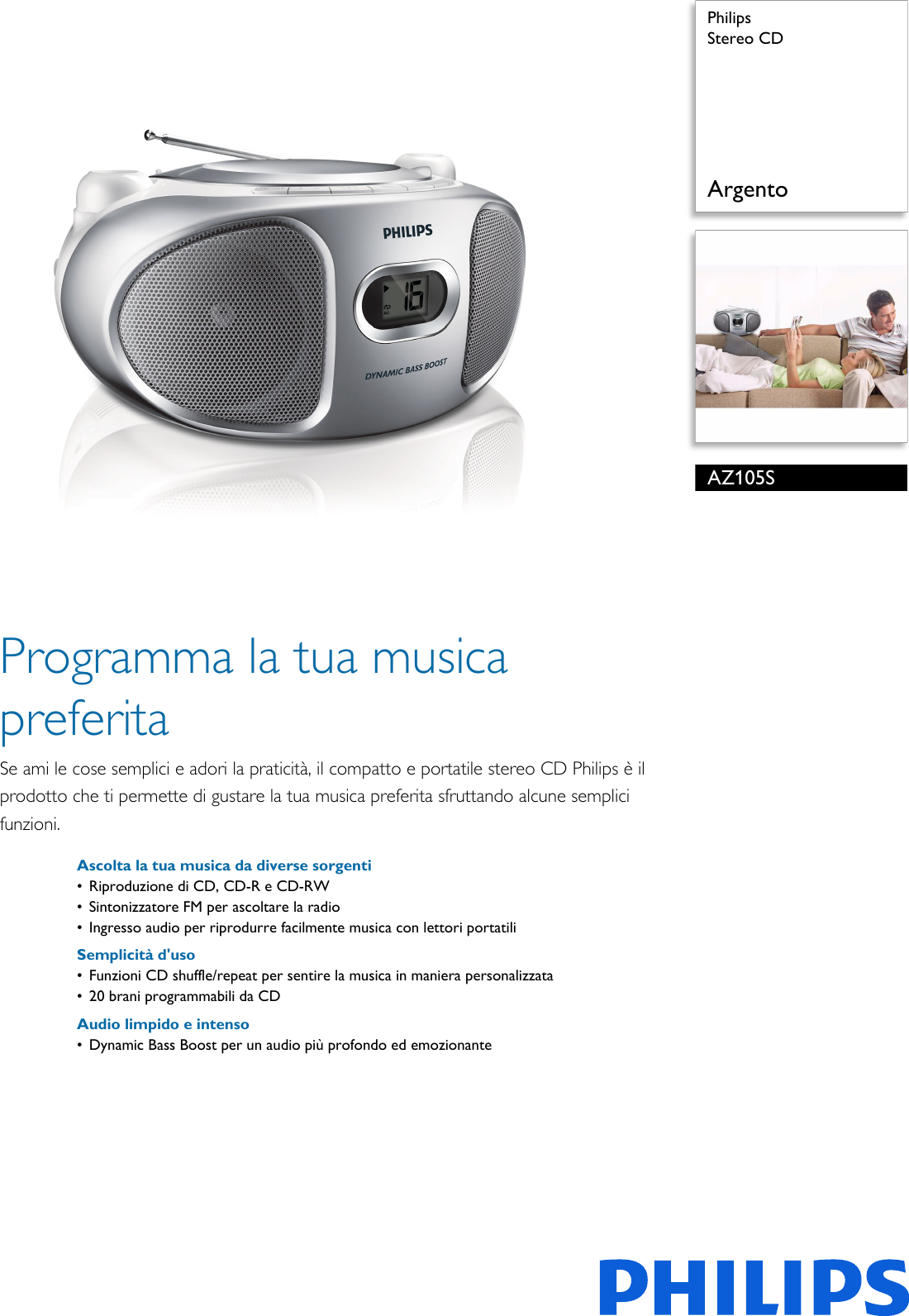 Page 1 of 2 - Philips AZ105S/12 Stereo CD User Manual Scheda Tecnica Az105s 12 Pss Itait