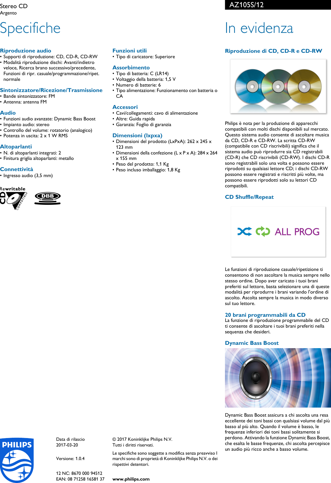 Page 2 of 2 - Philips AZ105S/12 Stereo CD User Manual Scheda Tecnica Az105s 12 Pss Itait
