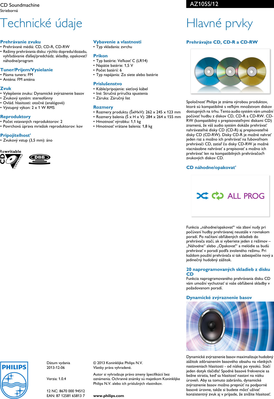 Page 2 of 2 - Philips AZ105S/12 CD Soundmachine User Manual Prospekt Az105s 12 Pss Slksk
