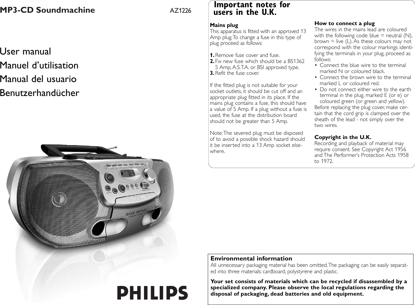 Page 1 of 5 - Philips AZ1226/00C AZ1226_00-1 User Manual Bedienungsanleitung Az1226 00c Dfu Eng
