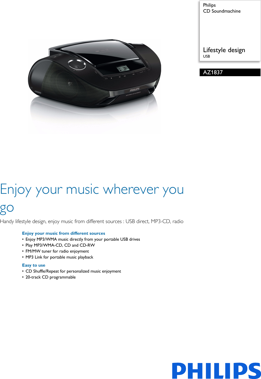Page 1 of 2 - Philips AZ1837/79 CD Soundmachine User Manual Leaflet Az1837 79 Pss