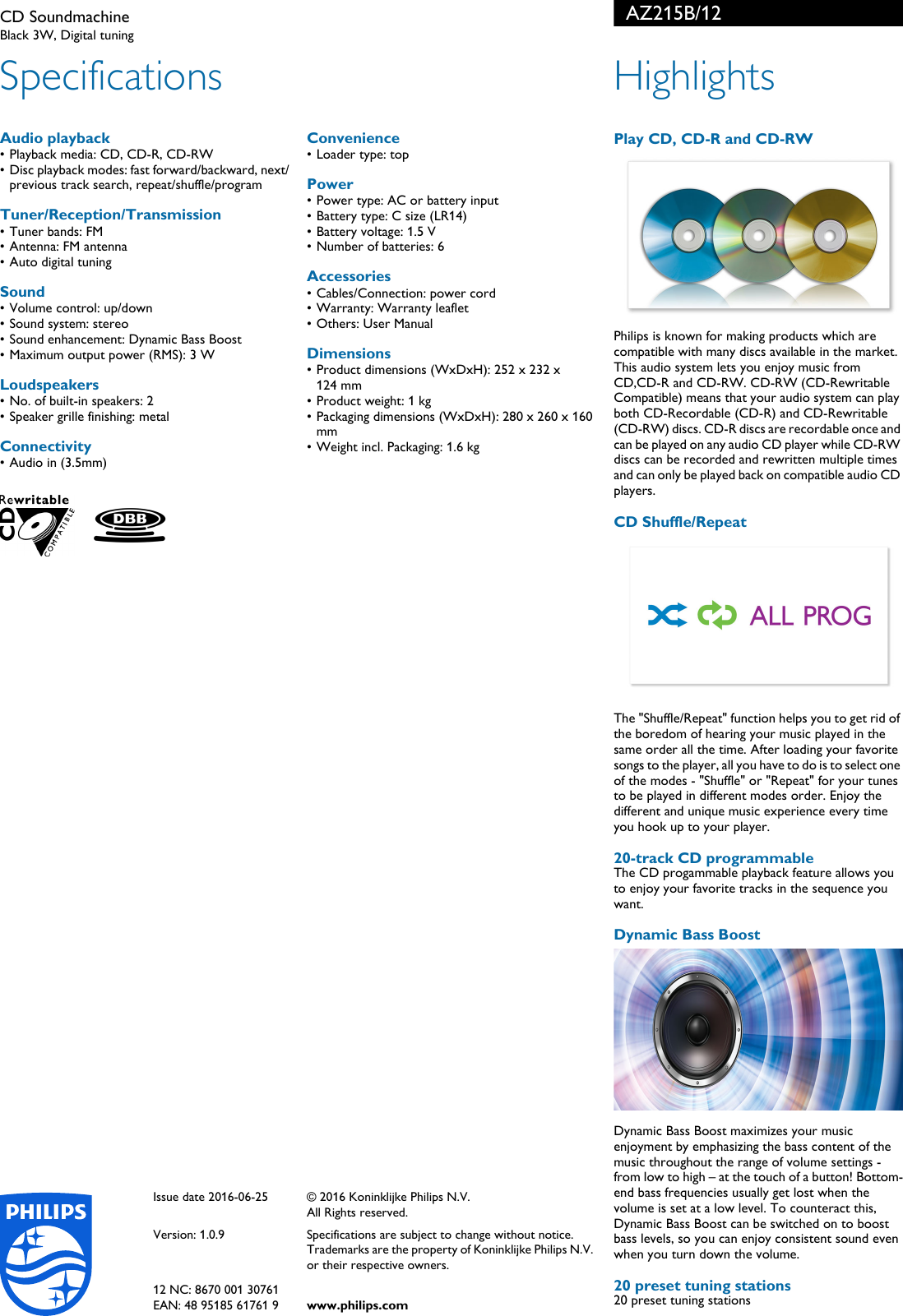Page 2 of 2 - Philips AZ215B/12 CD Soundmachine User Manual Leaflet Az215b 12 Pss