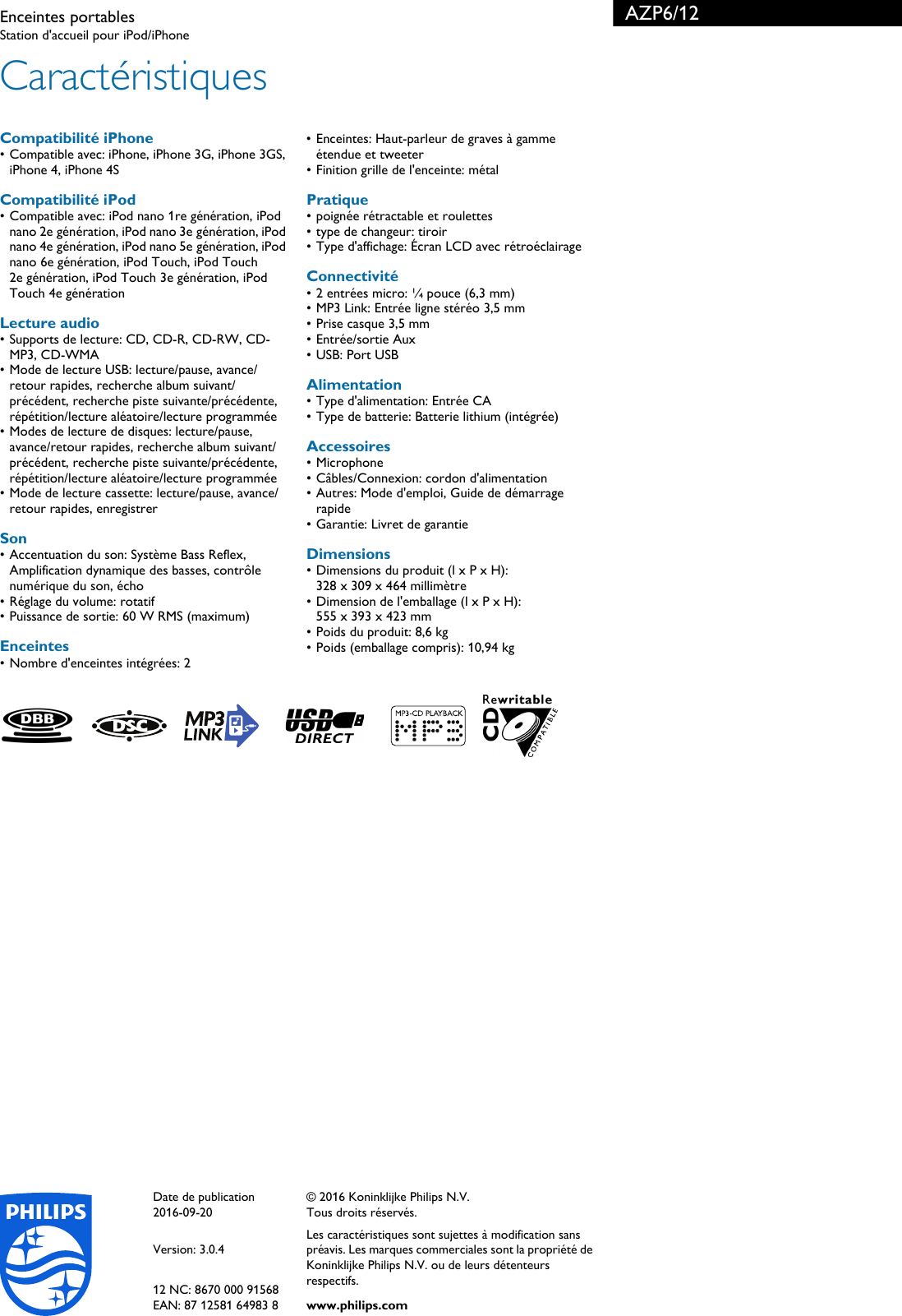 Page 2 of 2 - Philips AZP6/12 Leaflet AZP6_12 Released France (French)  User Manual Fiche Produit Azp6 12 Pss Frafr