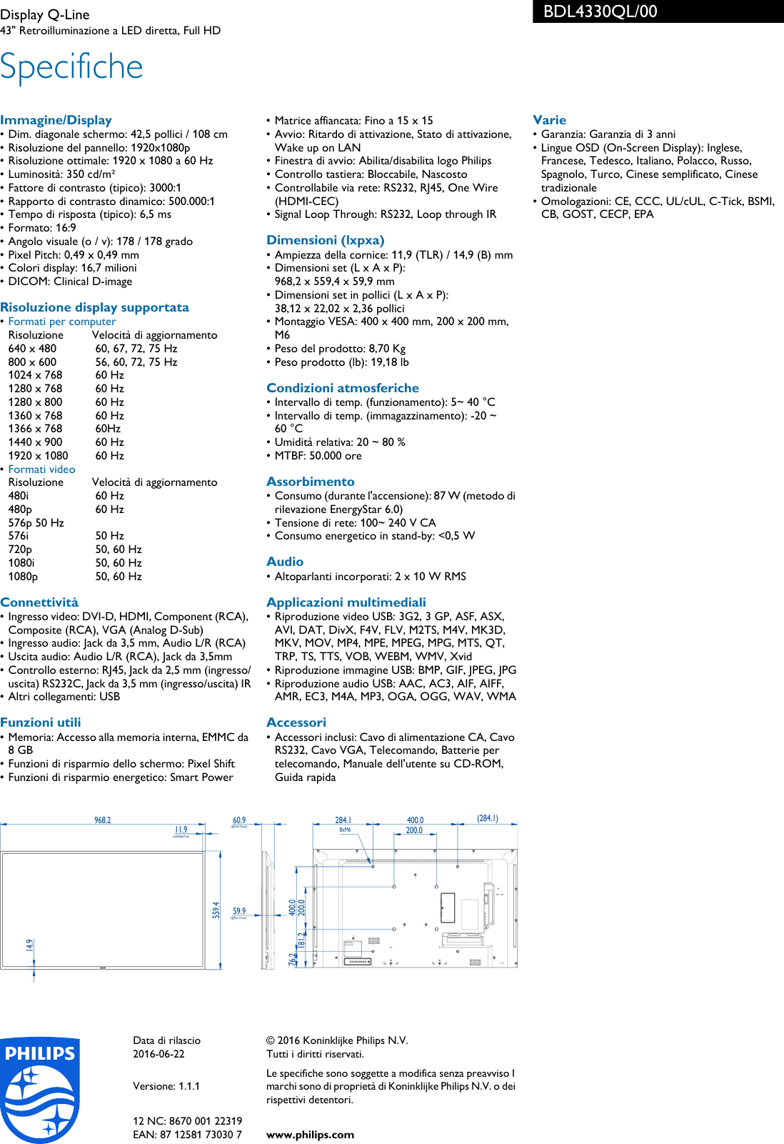 Page 3 of 3 - Philips BDL4330QL/00 Display Q-Line User Manual Scheda Tecnica Bdl4330ql 00 Pss Itait