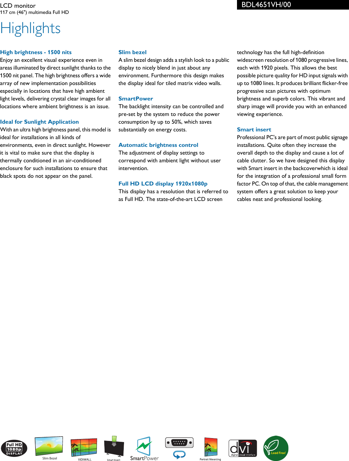 Page 2 of 3 - Philips BDL4651VH/00 LCD Monitor User Manual Leaflet Bdl4651vh 00 Pss Aenid