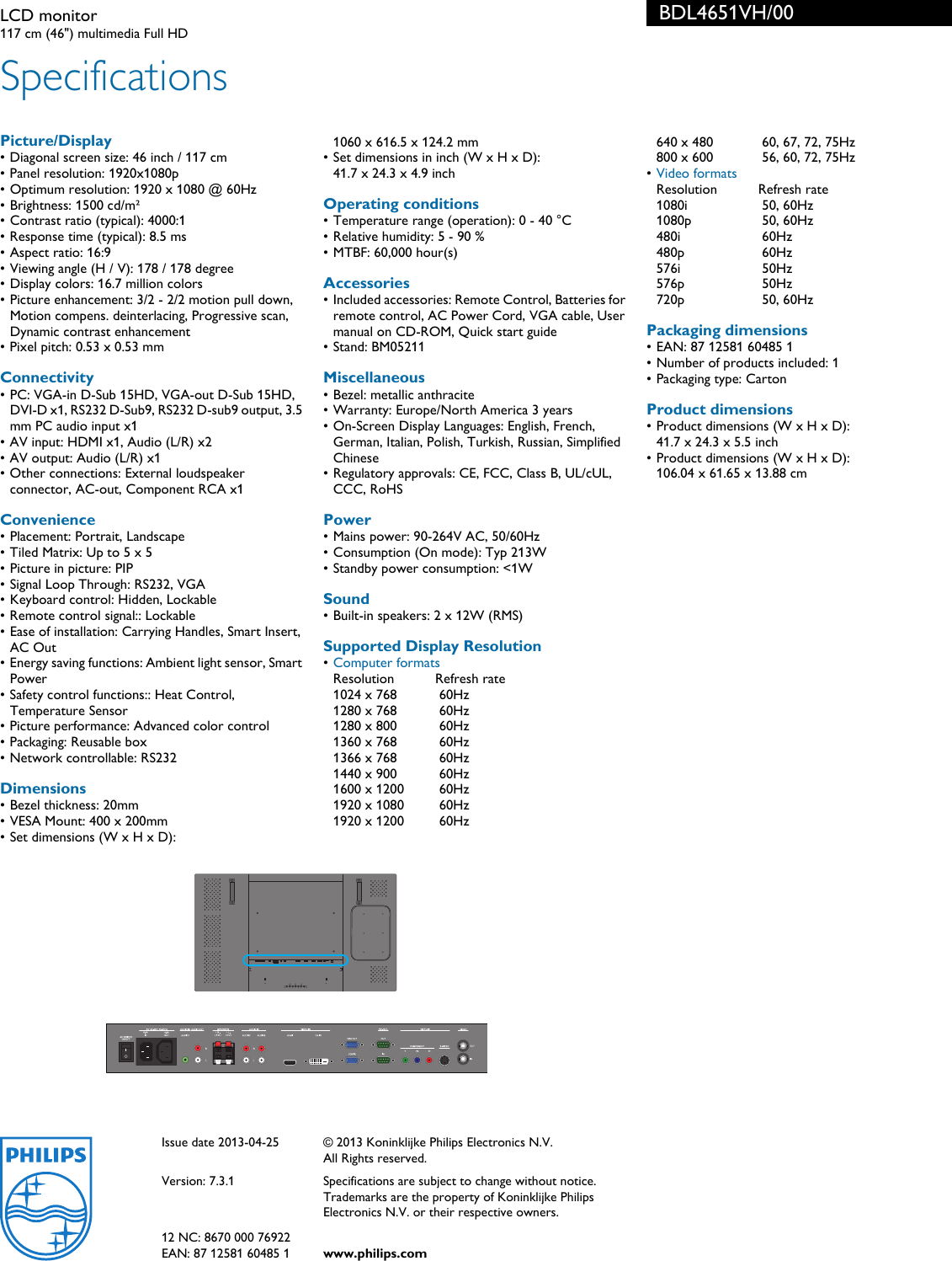 Page 3 of 3 - Philips BDL4651VH/00 LCD Monitor User Manual Leaflet Bdl4651vh 00 Pss Aenid