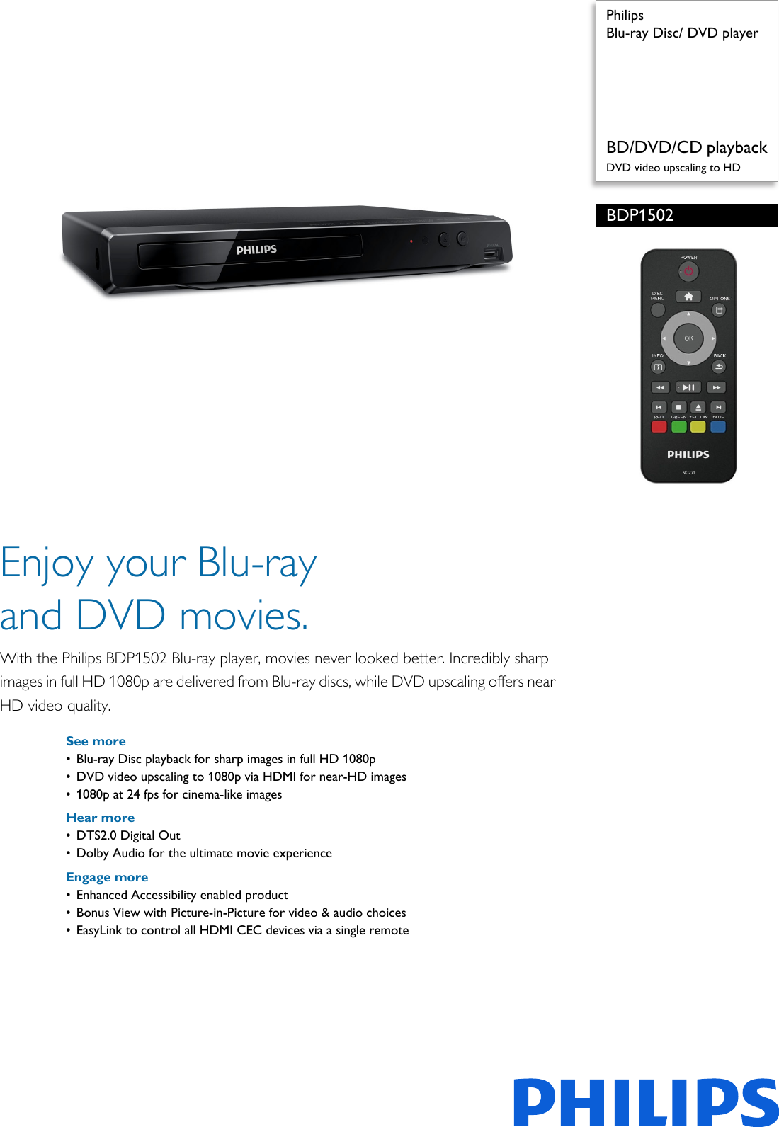 Page 1 of 2 - Philips BDP1502/F7 Blu-ray Disc/ DVD Player User Manual Leaflet Bdp1502 F7 Pss Aenca