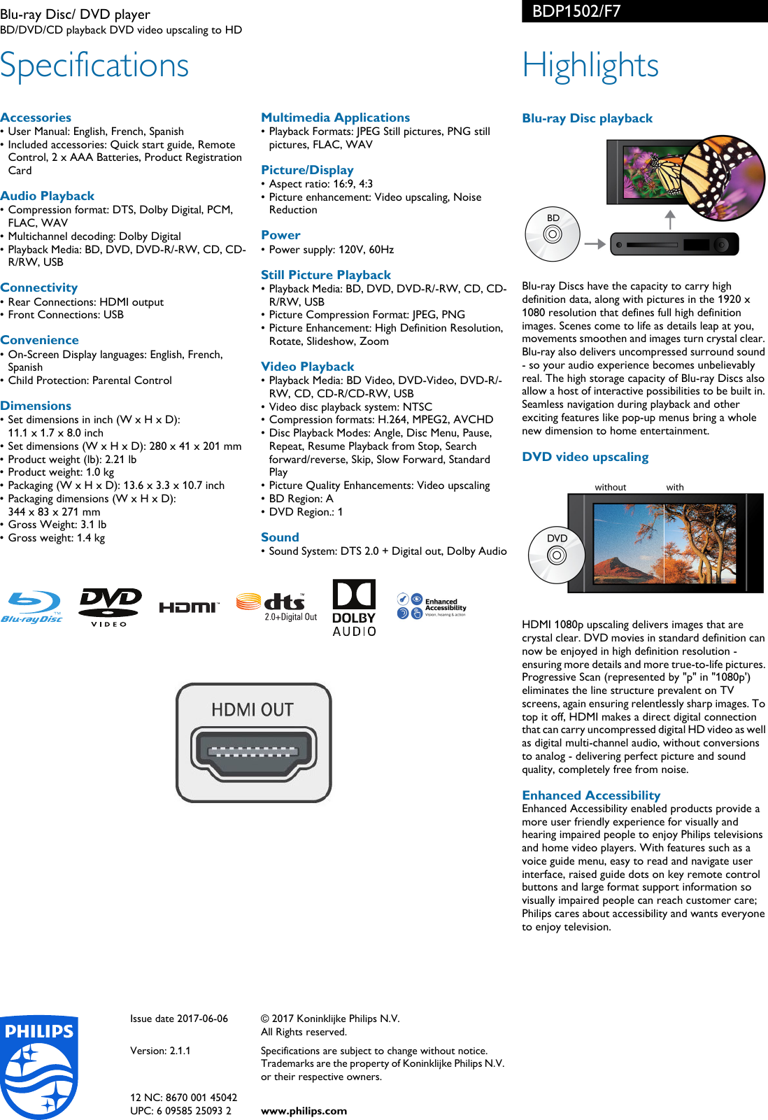 Page 2 of 2 - Philips BDP1502/F7 Blu-ray Disc/ DVD Player User Manual Leaflet Bdp1502 F7 Pss Aenca