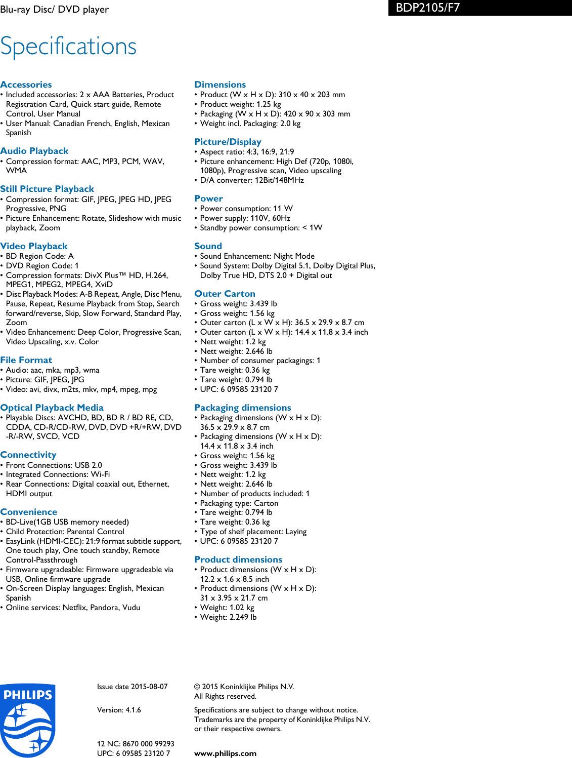 Page 3 of 3 - Philips BDP2105/F7 Blu-ray Disc/ DVD Player User Manual Leaflet Bdp2105 F7 Pss Aenus