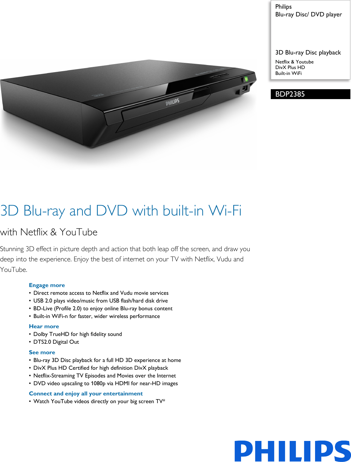 Philips BDP2385/F7 Blu Ray Disc/ DVD Player User Manual Leaflet Bdp2385 ...