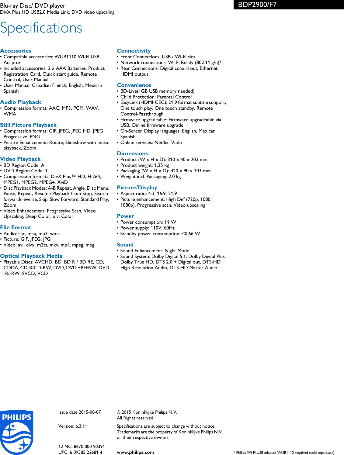Page 3 of 3 - Philips BDP2900/F7 Blu-ray Disc/ DVD Player User Manual Leaflet Bdp2900 F7 Pss Aenus