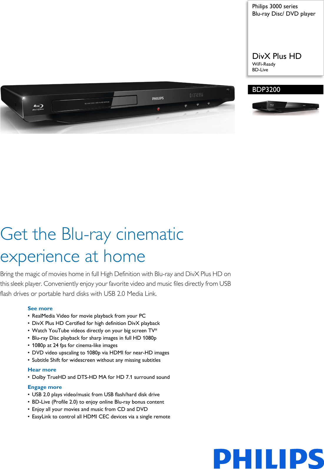 Philips BDP3200/98 Blu Ray Disc/ DVD Player User Manual Leaflet Bdp3200 ...