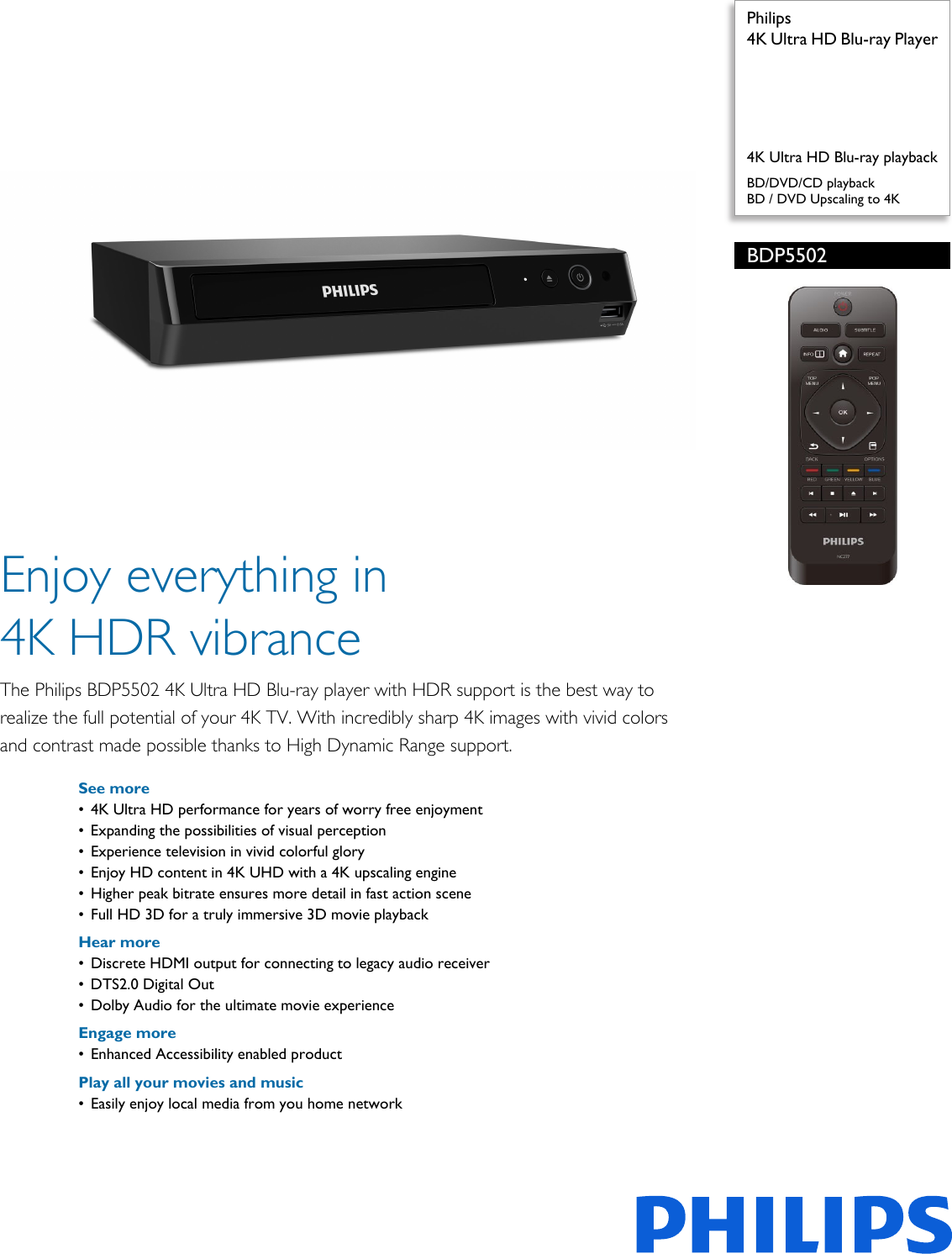 Page 1 of 3 - Philips BDP5502/F7 4K Ultra HD Blu-ray Player User Manual Leaflet Bdp5502 F7 Pss Aenus