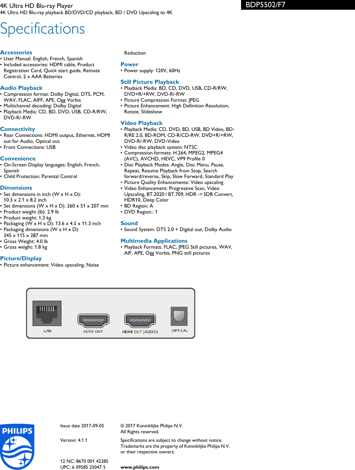 Page 3 of 3 - Philips BDP5502/F7 4K Ultra HD Blu-ray Player User Manual Leaflet Bdp5502 F7 Pss Aenus