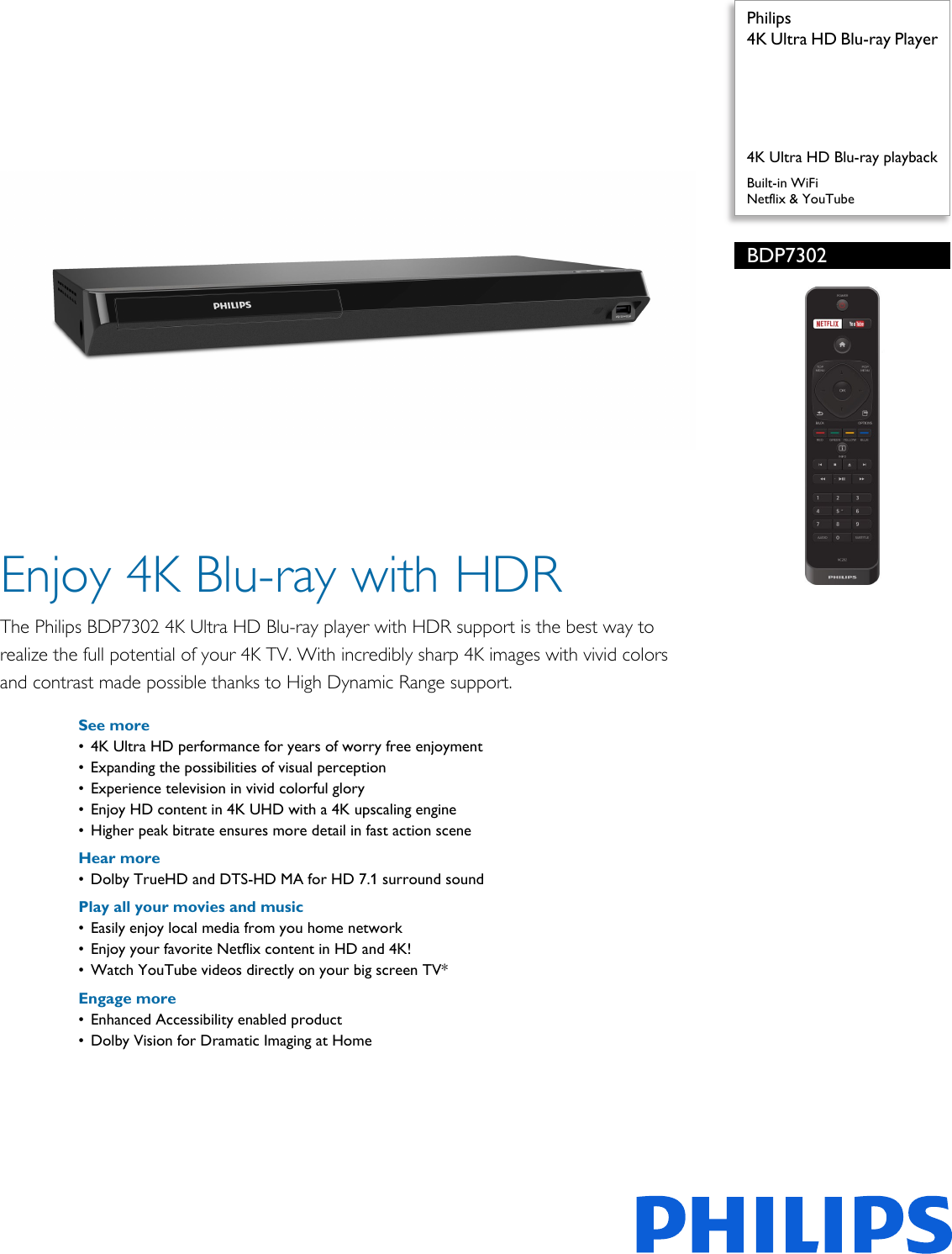 Page 1 of 3 - Philips BDP7302/F7 4K Ultra HD Blu-ray Player User Manual Leaflet Bdp7302 F7 Pss Aenus