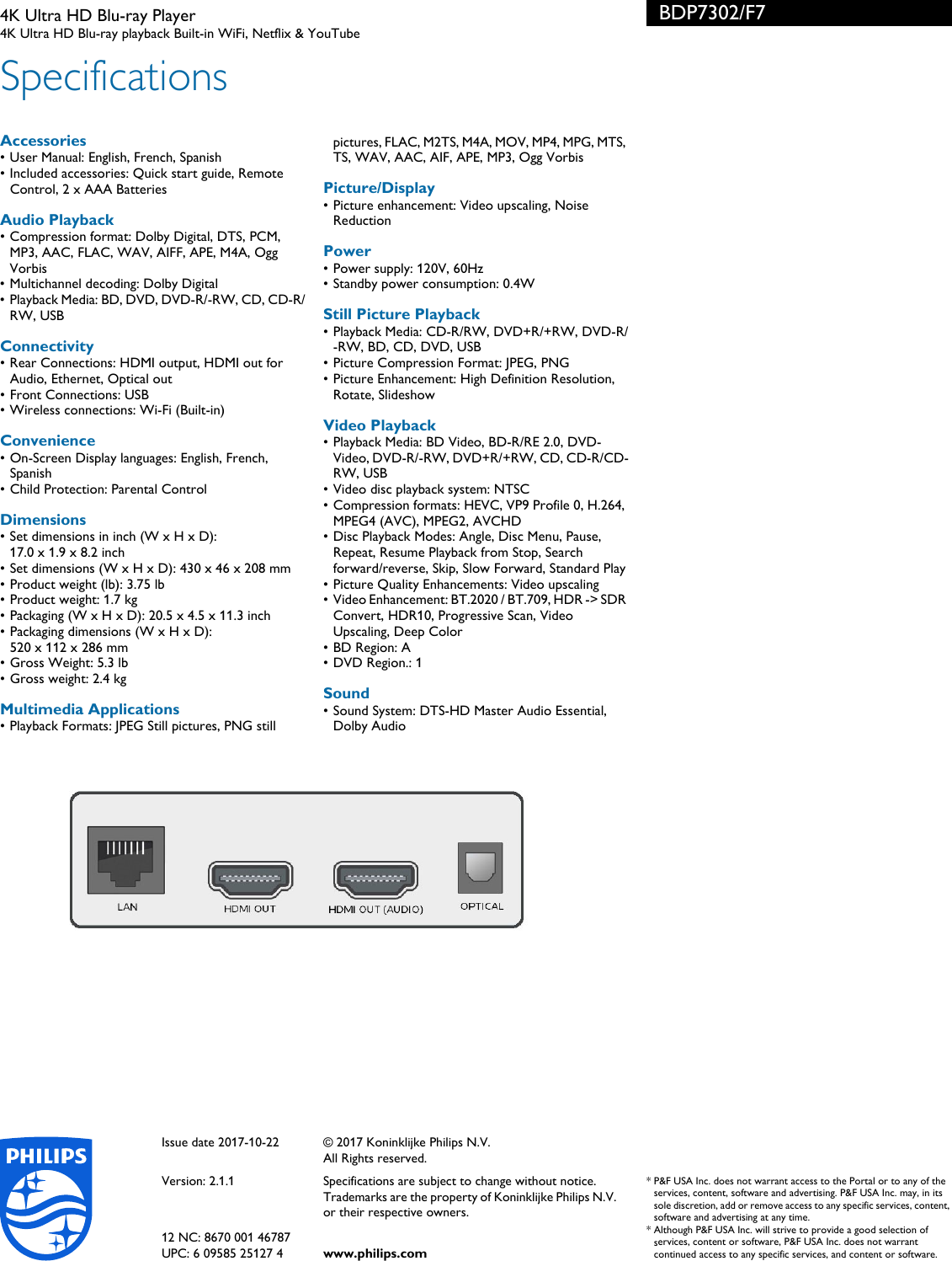 Page 3 of 3 - Philips BDP7302/F7 4K Ultra HD Blu-ray Player User Manual Leaflet Bdp7302 F7 Pss Aenus