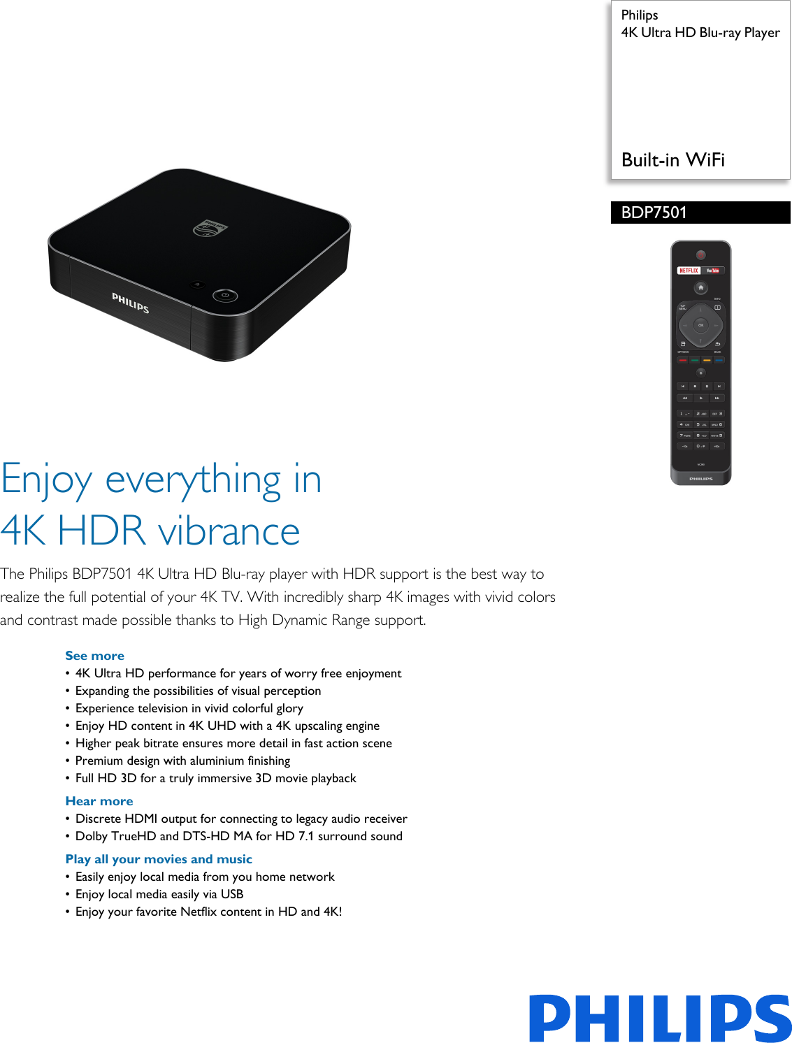 Page 1 of 3 - Philips BDP7501/F7 4K Ultra HD Blu-ray Player User Manual Leaflet Bdp7501 F7 Pss Aenus