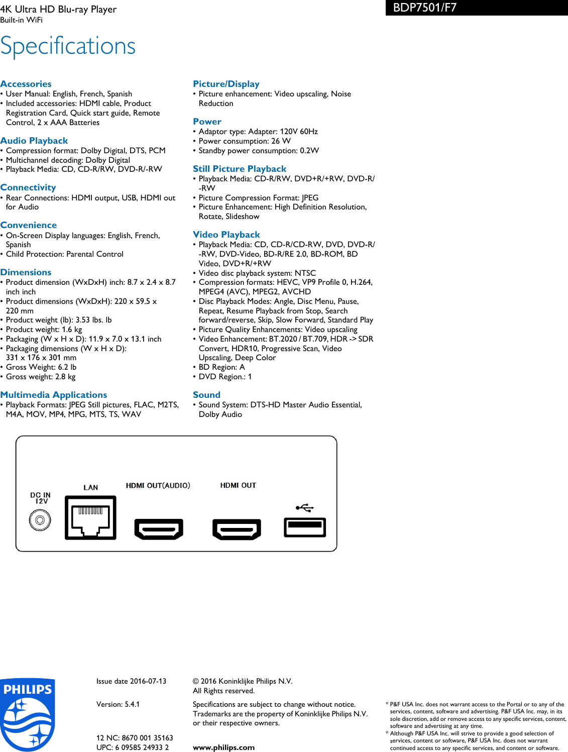 Page 3 of 3 - Philips BDP7501/F7 4K Ultra HD Blu-ray Player User Manual Leaflet Bdp7501 F7 Pss Aenus