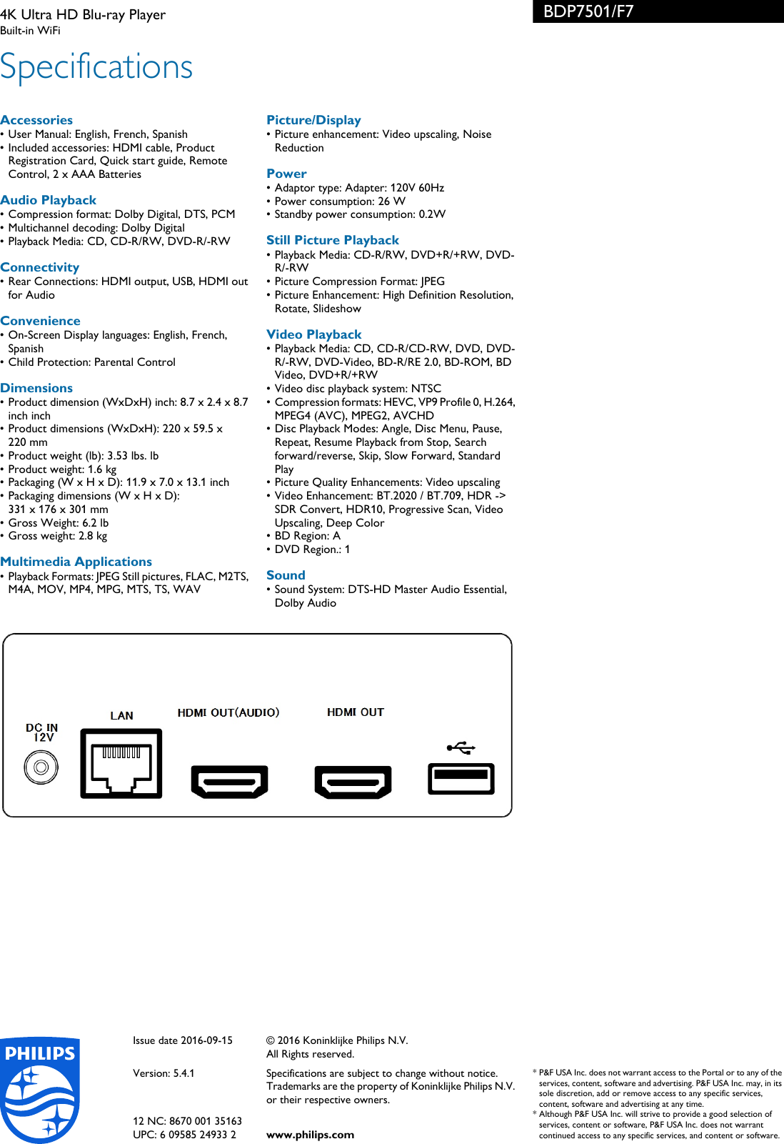 Page 3 of 3 - Philips BDP7501/F7 4K Ultra HD Blu-ray Player User Manual Leaflet Bdp7501 F7 Pss Aenca