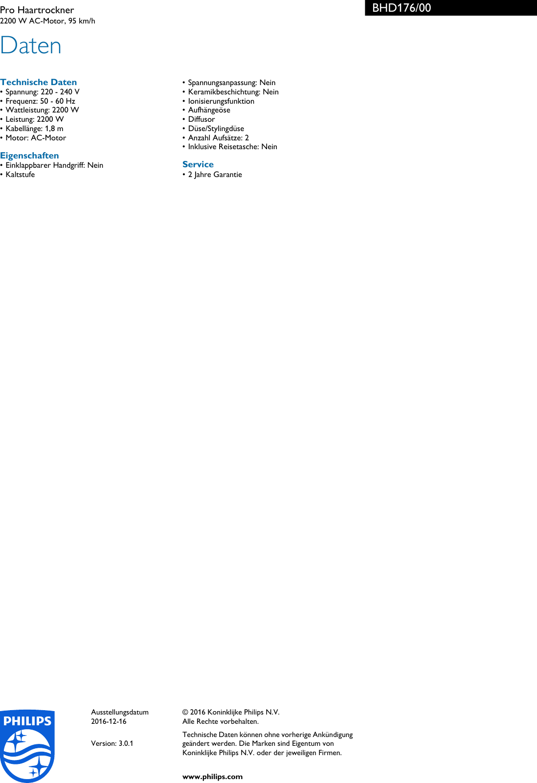 Page 3 of 3 - Philips BHD176/00 Leaflet BHD176_00 Released Austria (German) User Manual Datenblatt Bhd176 00 Pss Deuat