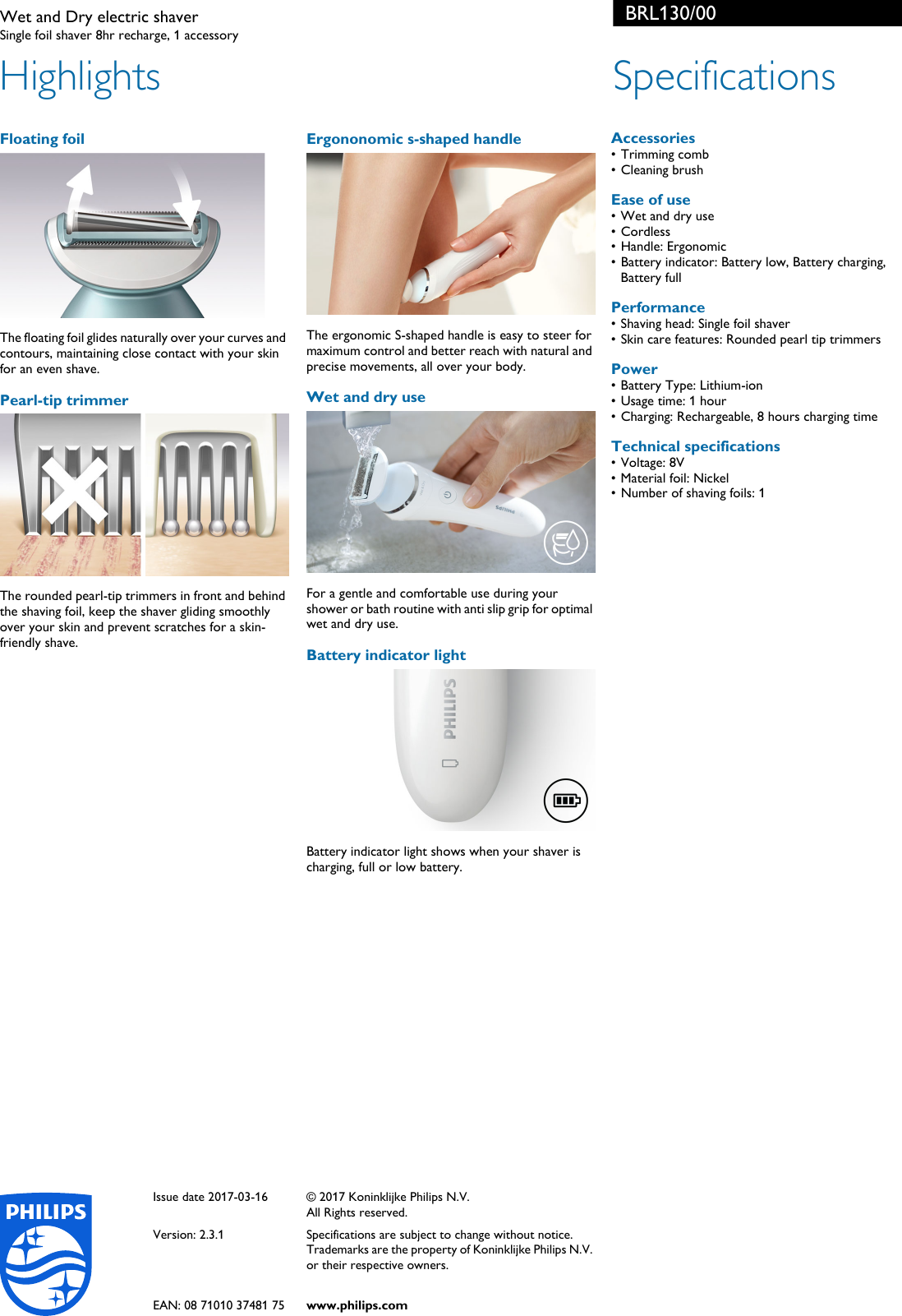 Page 2 of 2 - Philips BRL130/00 Wet And Dry Electric Shaver User Manual Leaflet Brl130 00 Pss Engmy