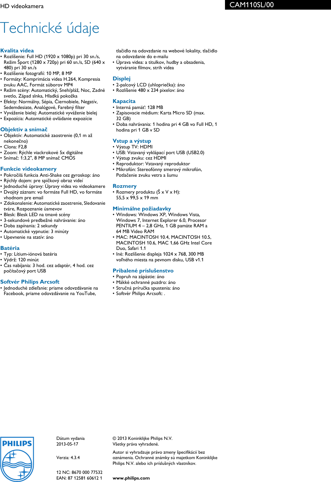 Page 3 of 3 - Philips CAM110SL/00 HD Videokamera User Manual Prospekt Cam110sl 00 Pss Slksk