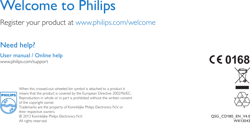 Page 12 of 12 - Philips CD1801B/05 CD180 English Quick Start Guide User Manual Guida Rapida Cd1801b 05 Qsg Eng