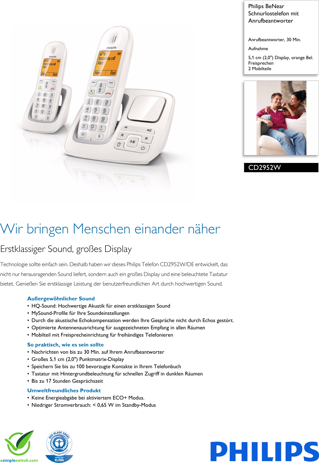 Philips CD2952W DE Leaflet CD2952W DE Released Germany German User 