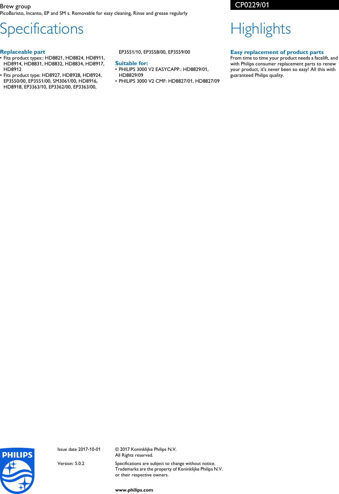 Page 2 of 2 - Philips CP0229 CP0229/01 Brew Group User Manual Leaflet 01 Pss Enggb