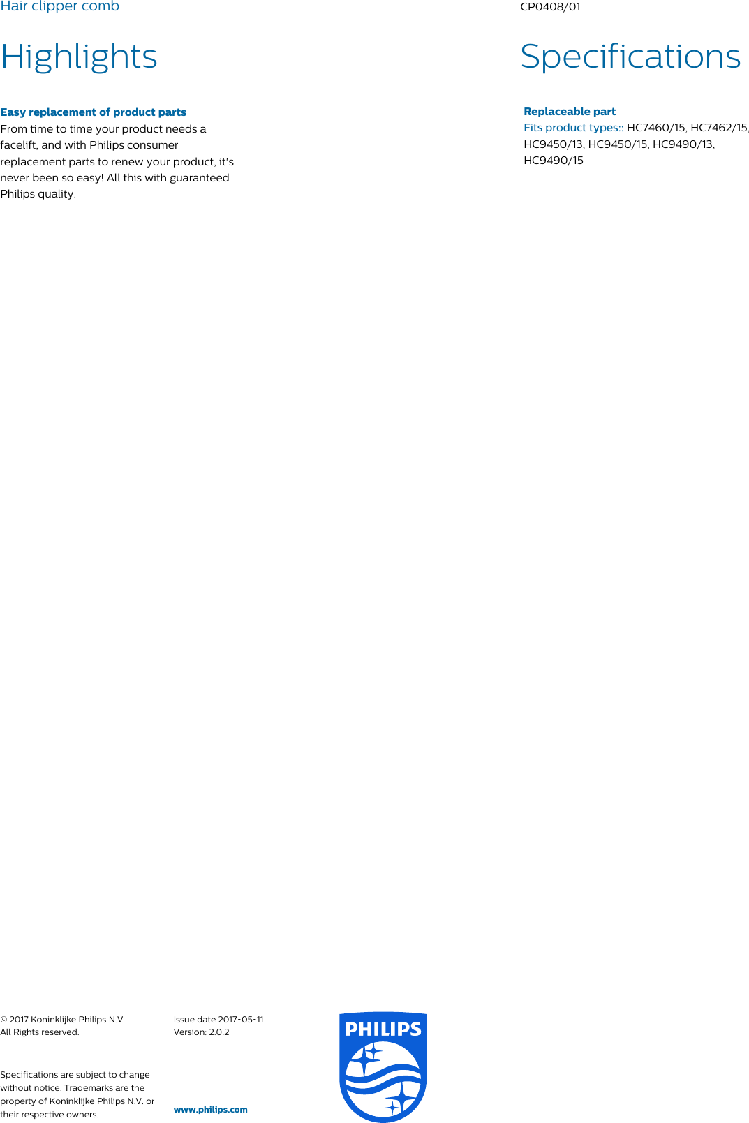 Page 2 of 2 - Philips CP0408 CP0408/01 Hair Clipper Comb User Manual Leaflet 01 Pss Enggb