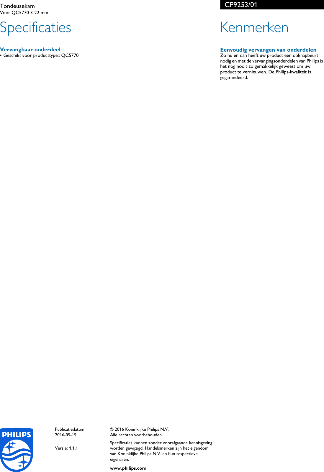 Page 2 of 2 - Philips CP9253/01 Tondeusekam User Manual Brochure Cp9253 01 Pss Nldnl