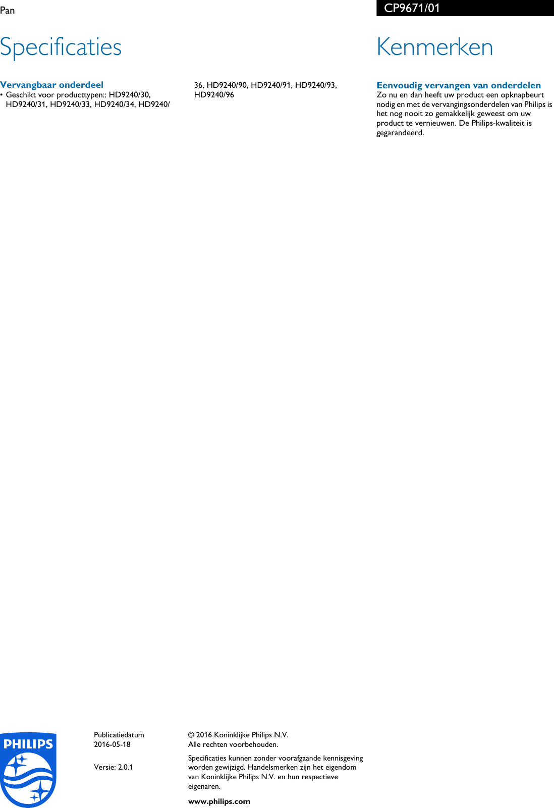 Page 2 of 2 - Philips CP9671 CP9671/01 Pan User Manual Brochure 01 Pss Nldbe