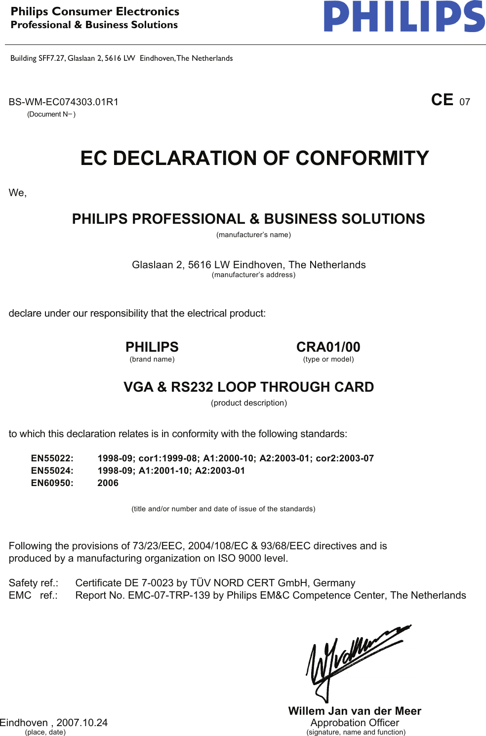 Page 1 of 1 - Philips CRA01/00 EC Declaration Of Conformity User Manual Déclaration De Conformité Cra01 00 Doc Aen